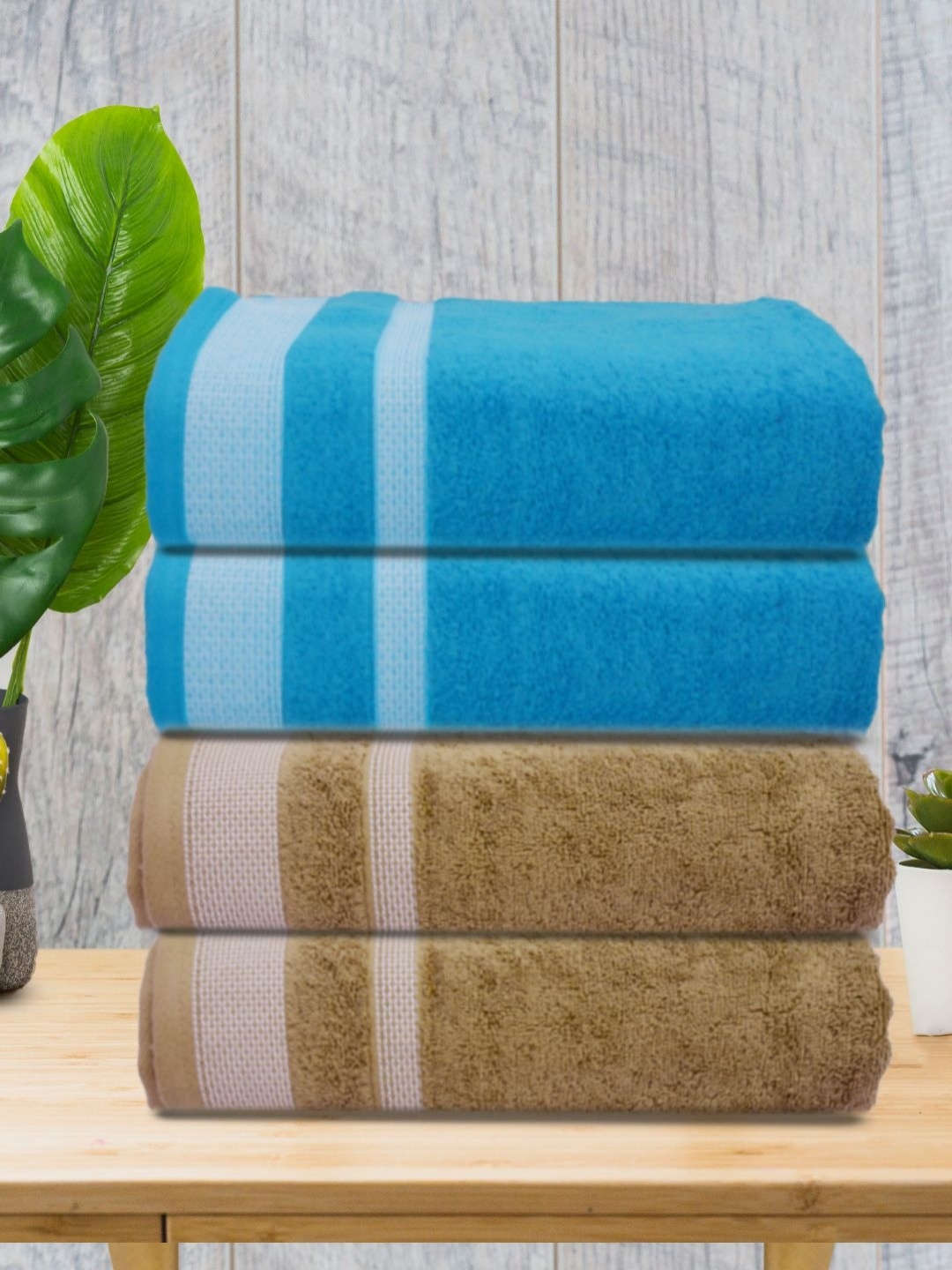 

Aura Blue & Brown 4 Pieces Striped Cotton 400 GSM Bath Towels