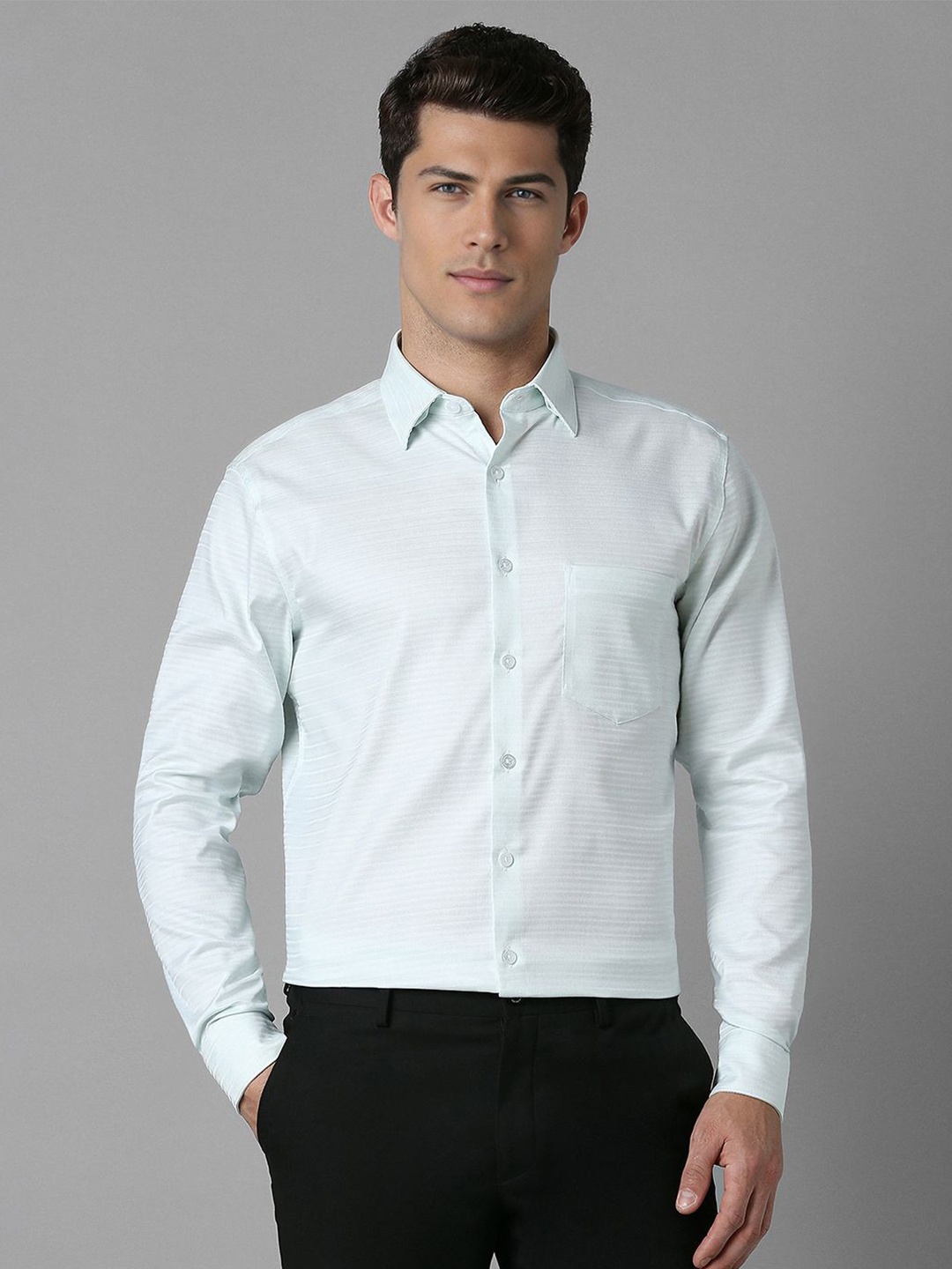 

Louis Philippe Men Spread Collar Solid Cotton Slim Fit Formal Shirt, Blue