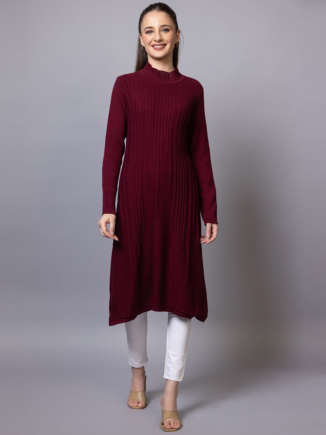 

Anouk Self Design High Neck Jacquard Knitted A-Line Kurta, Maroon