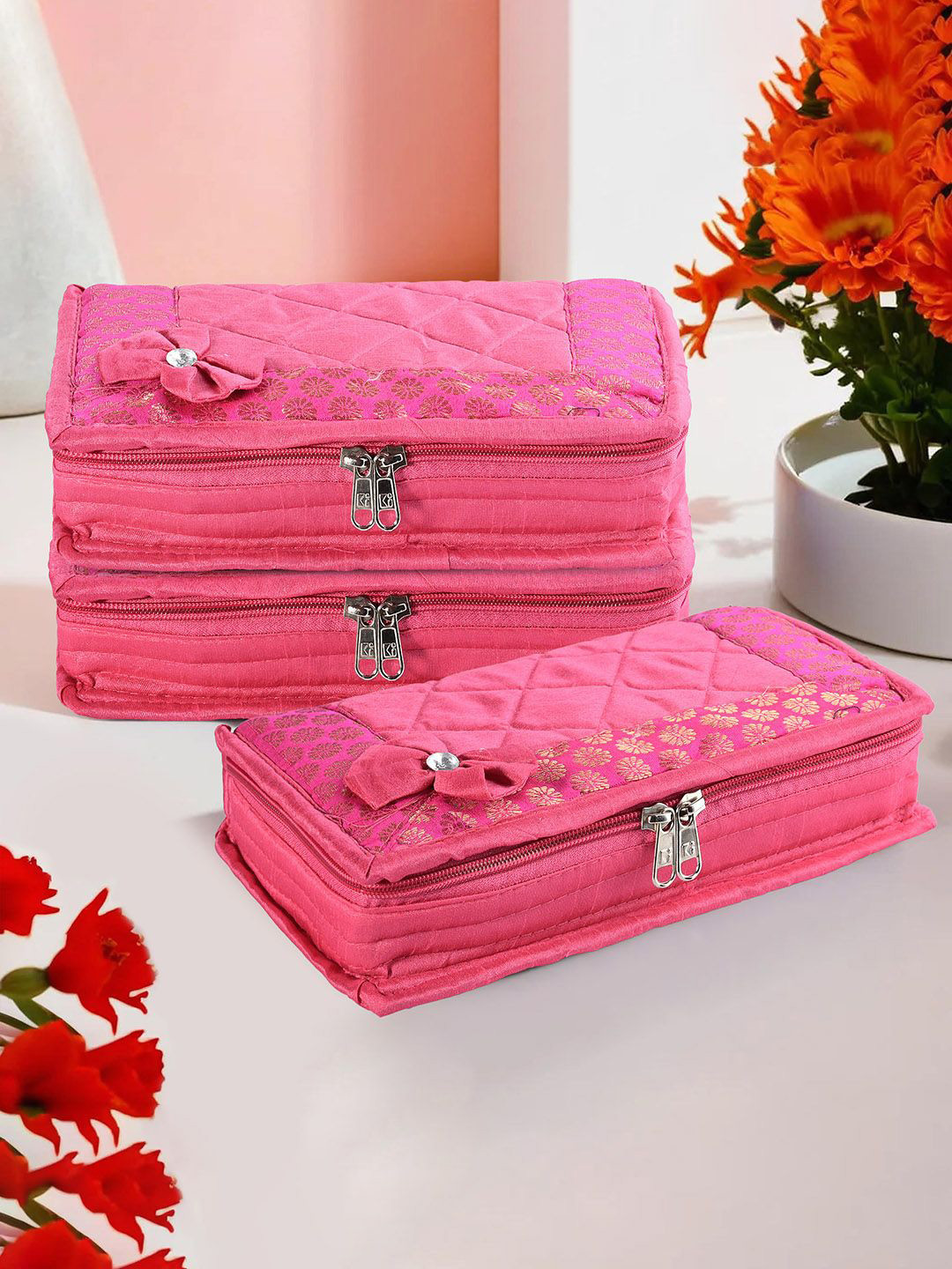 

Kuber Industries Pink 3 Pieces Self Design Jewellery Organisers