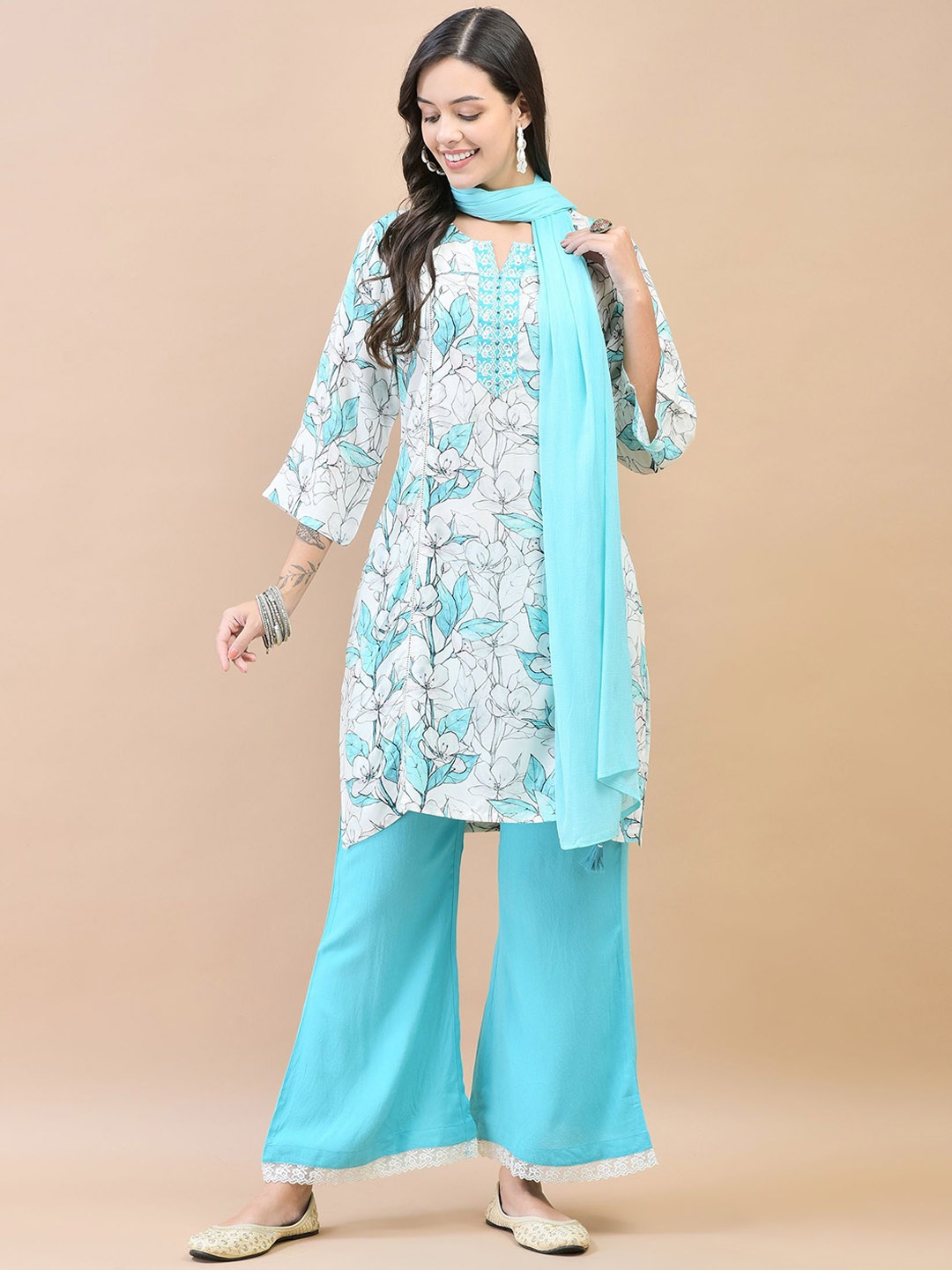 

Shree Floral Embroidered Liva Kurta With Palazzos & Dupatta, Blue