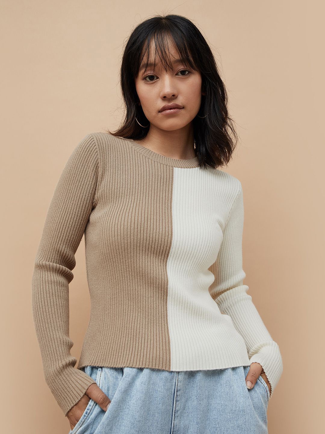 

Ginger by Lifestyle Women Colourblocked Round Neck Top, Beige