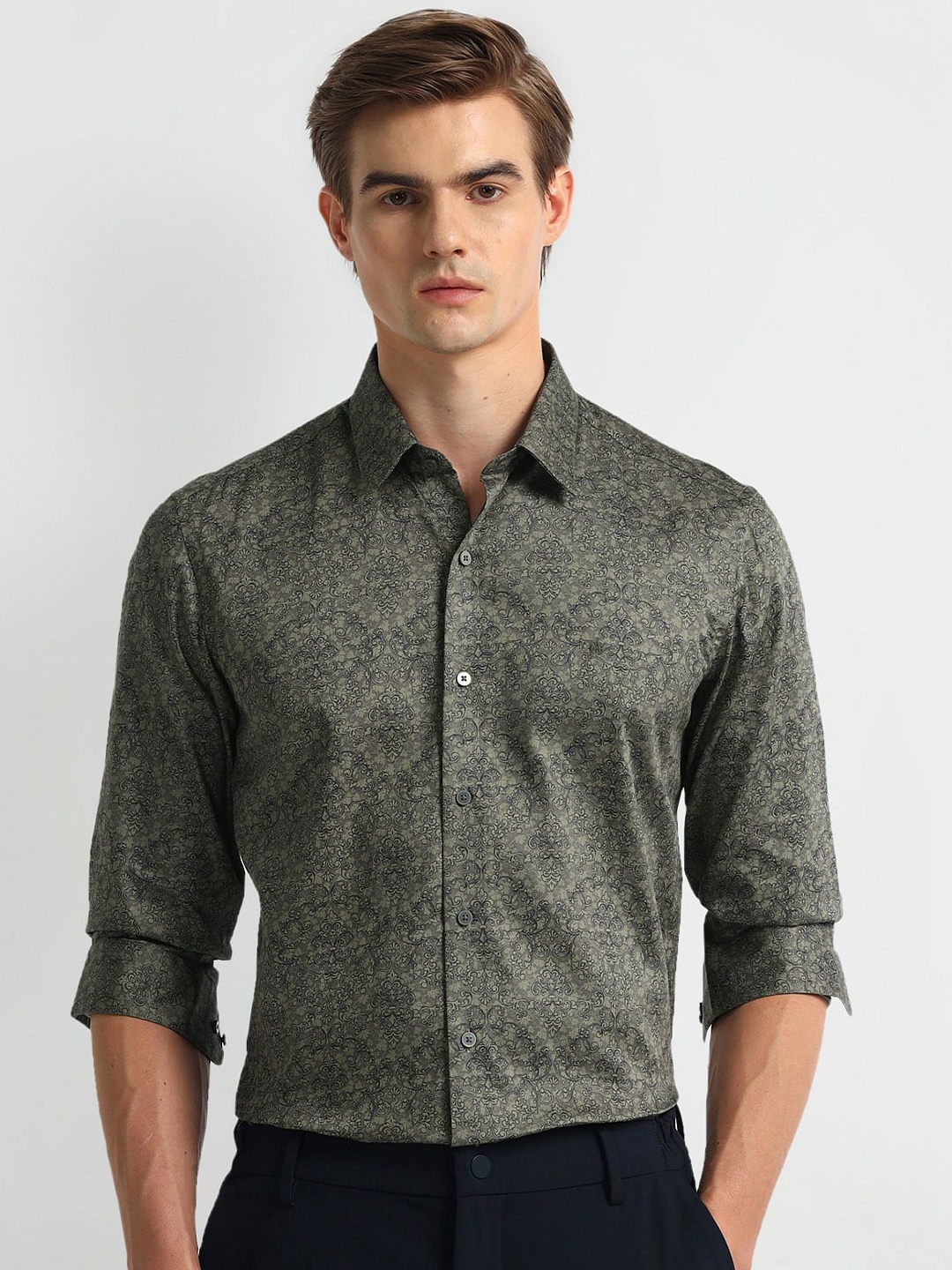 

Arrow Men Classic Spread Collar Abstract Printed Cotton Formal Shirt, Green