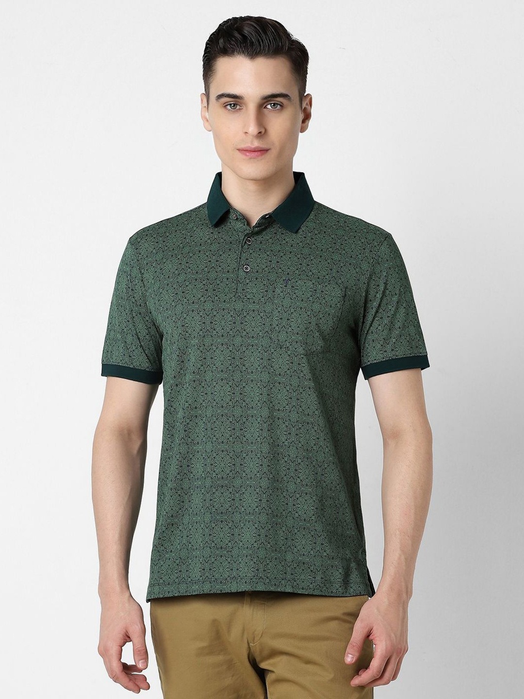 

Van Heusen Men Abstract Printed Polo Collar Cotton T-Shirt, Green