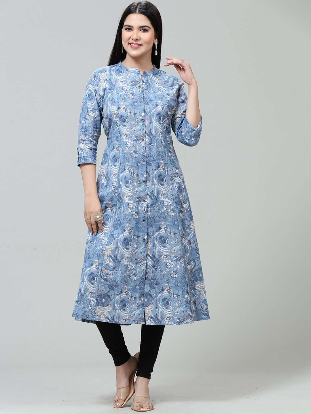 

COTTON CULTURE Floral Printed Mandarin Collar Cotton A-Line Kurta, Blue