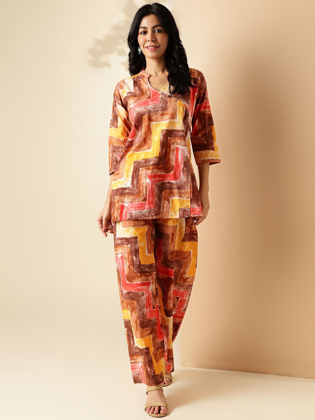 

Vbuyz Printed Pure Cotton Tunic & Trousers, Red