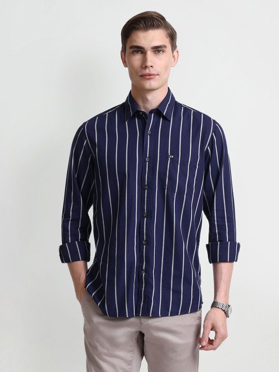 

Arrow Men Modern Spread Collar Striped Cotton Slim Fit Casual Shirt, Navy blue