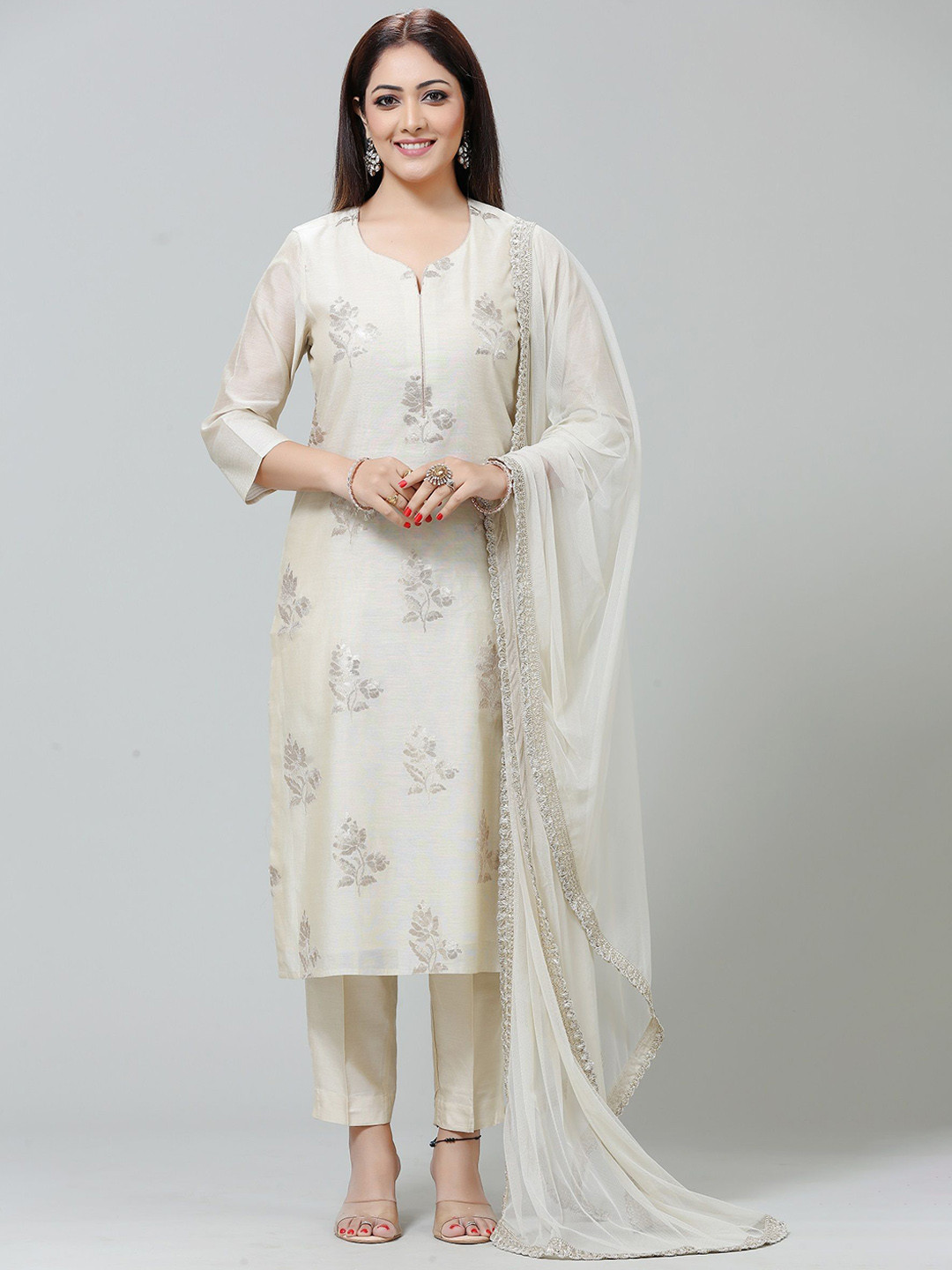 

COTTON CULTURE Floral Self Design Regular Sleeves U- Neck Kurta with Trouser & Dupatta, Cream