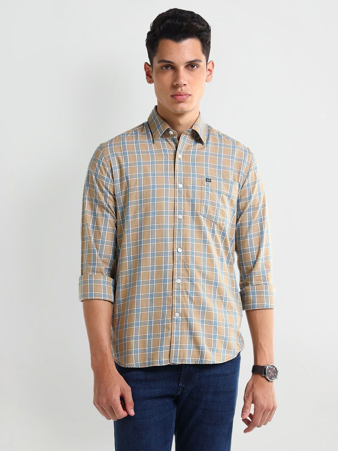 

Arrow Men Modern Spread Collar Tartan Checked Cotton Slim Fit Casual Shirt, Beige
