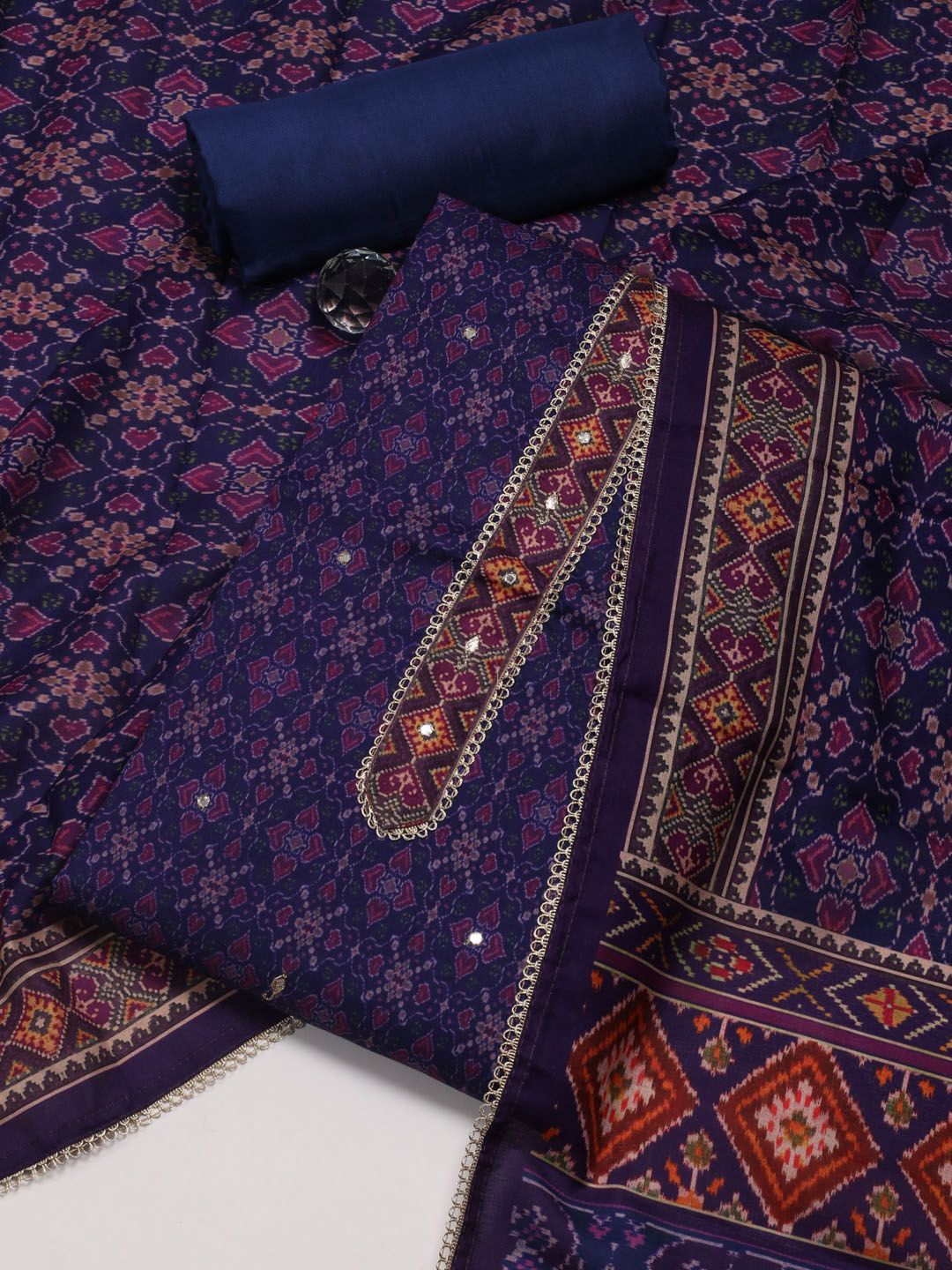 

Meena Bazaar Printed Mirror Work Art Silk Unstitched Dress Material, Purple