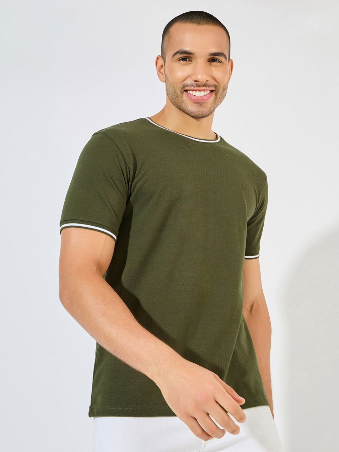 

Styli Men Basic Pique Crew Neck Ringer T-Shirt, Olive