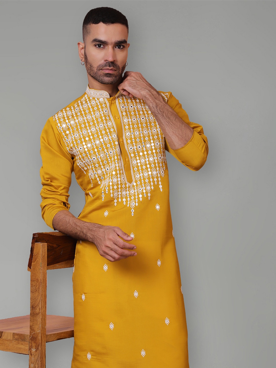 

Jompers Men Geometric Yoke Design Kurta, Mustard