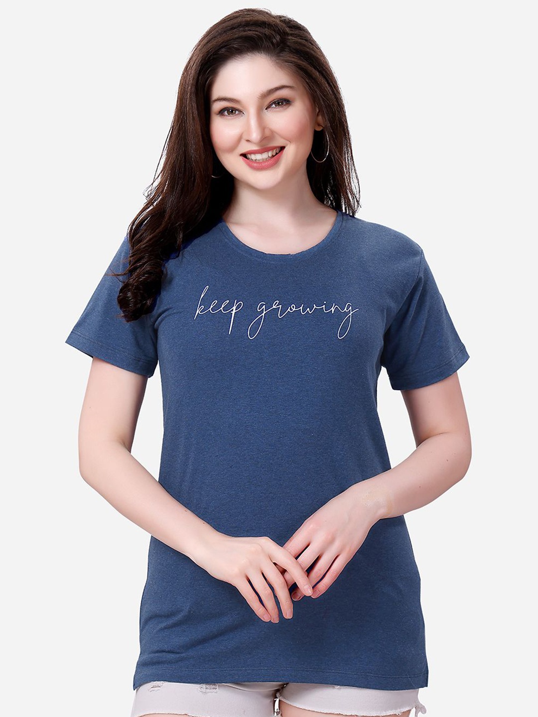 

Lenissa Women Typography Printed Round Neck Cotton Relaxed Fit T-Shirt, Blue
