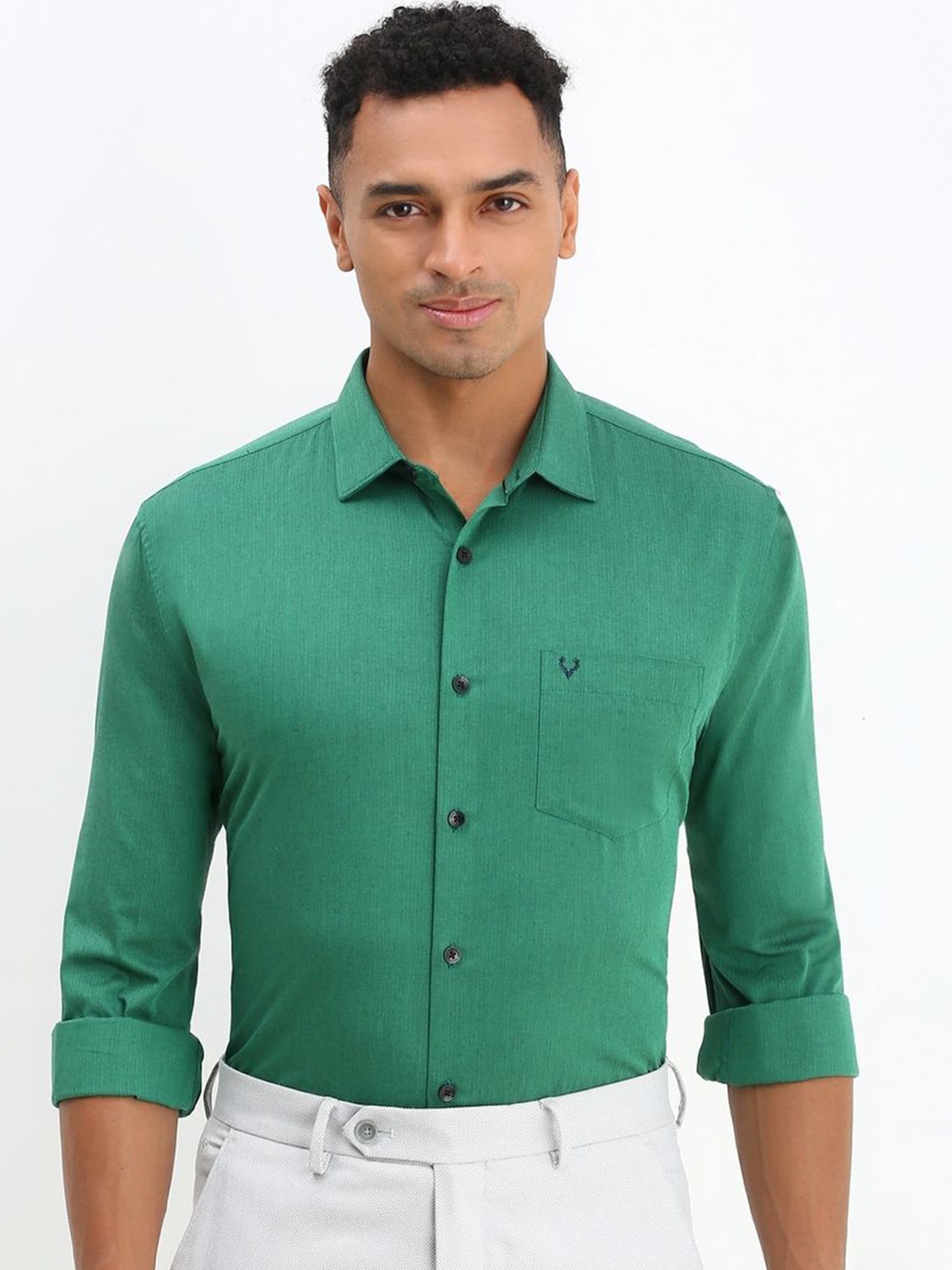 

Allen Solly Men Spread Collar Solid Cotton Slim Fit Formal Shirt, Green
