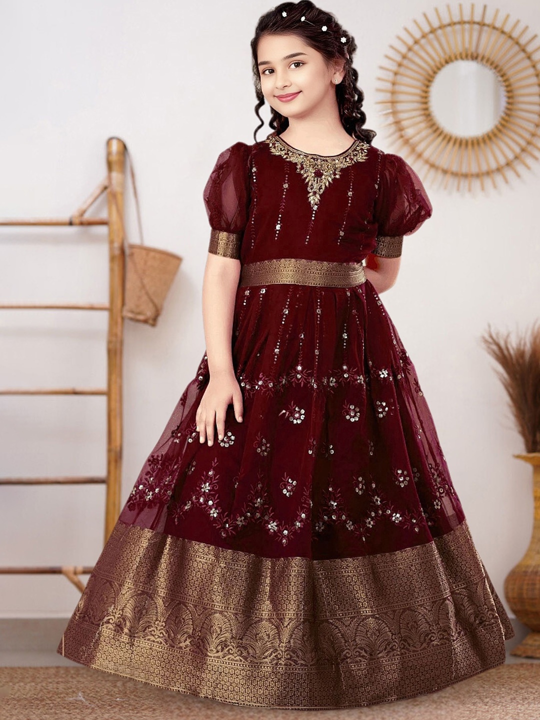 

UFB Embellished Embroidered Puff Sleeve Net Maxi Dress, Maroon