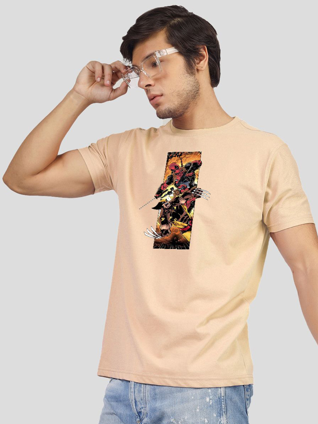 

Greylongg Men Graphic Printed Round Neck Cotton T-Shirt, Beige