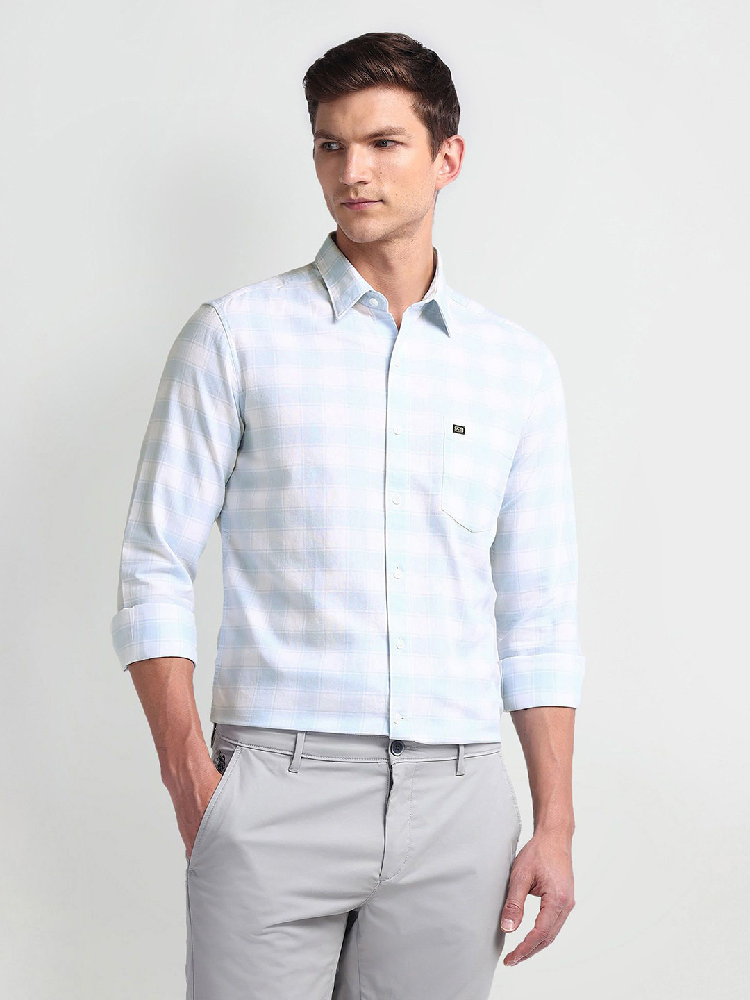 

Arrow Sport Men Smart Spread Collar Tartan Checked Cotton Slim Fit Casual Shirt, Blue