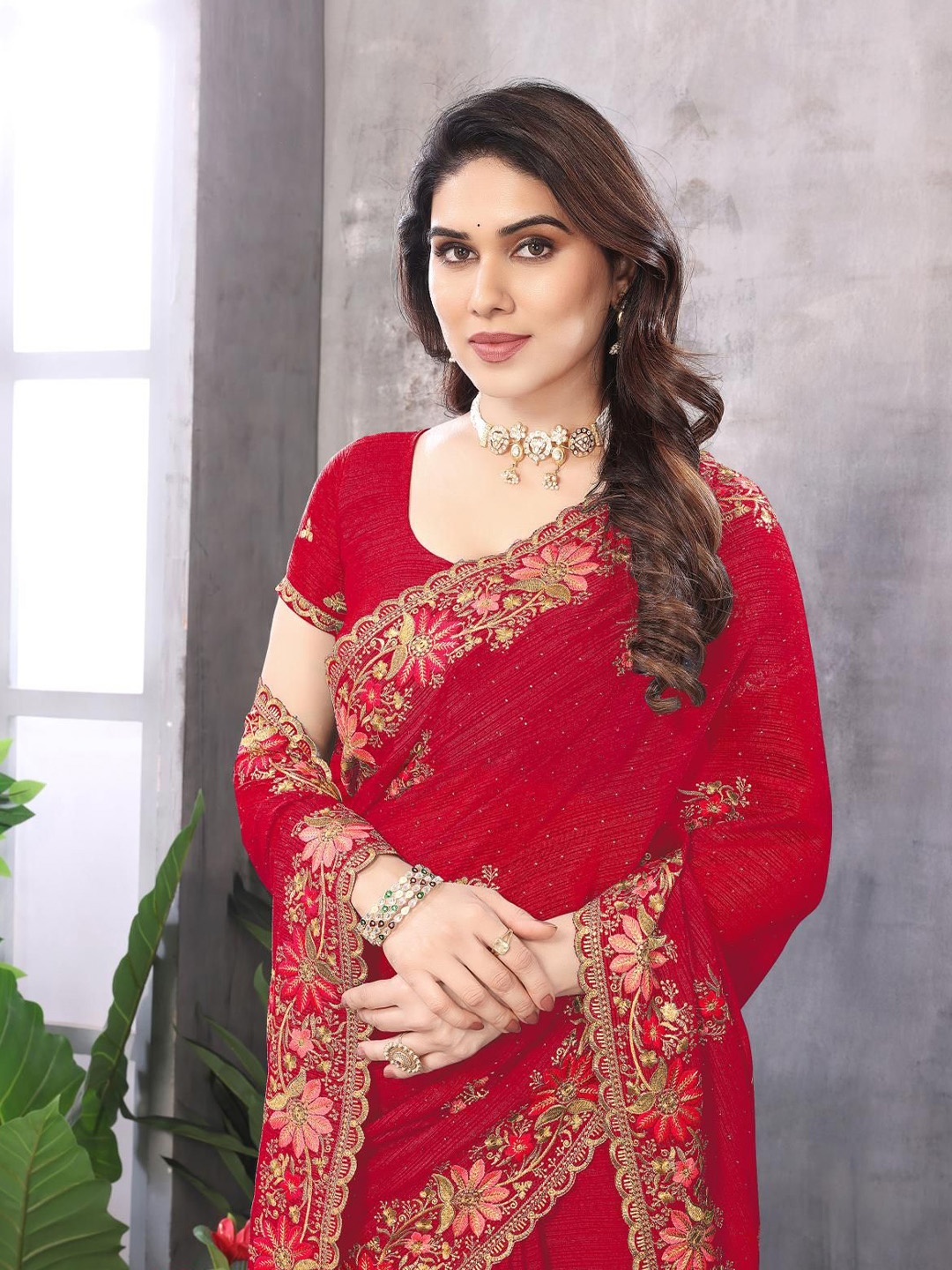

KHRITI FAB Floral Embroidered Pure Georgette Saree, Red