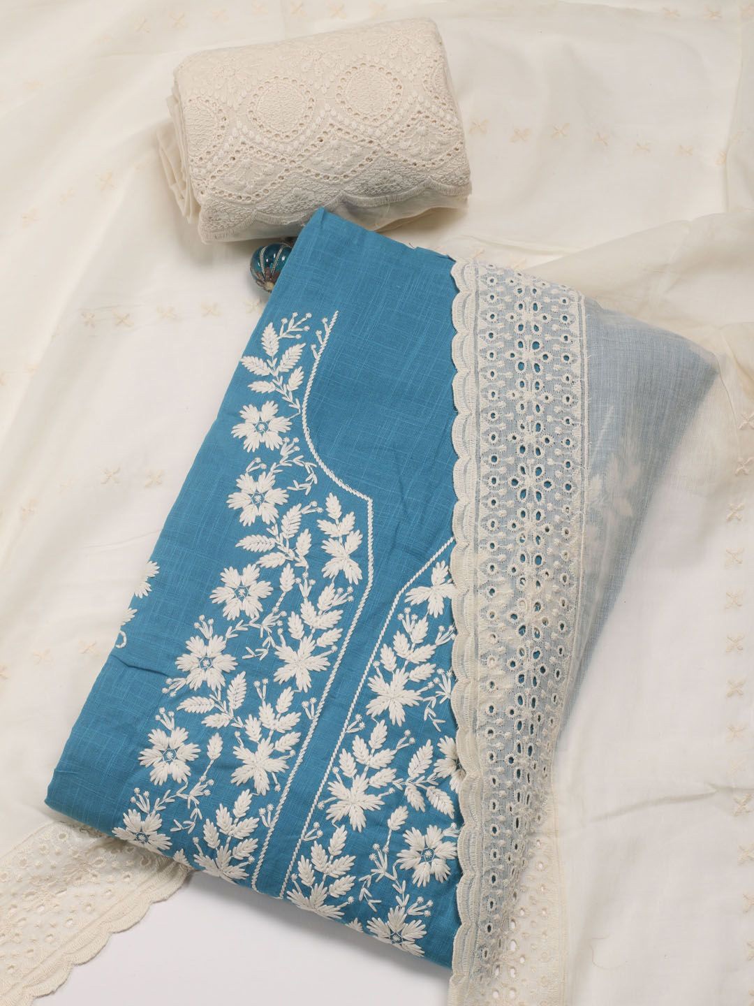 

Meena Bazaar Embroidered Thread Work Unstitched Dress Material, Blue