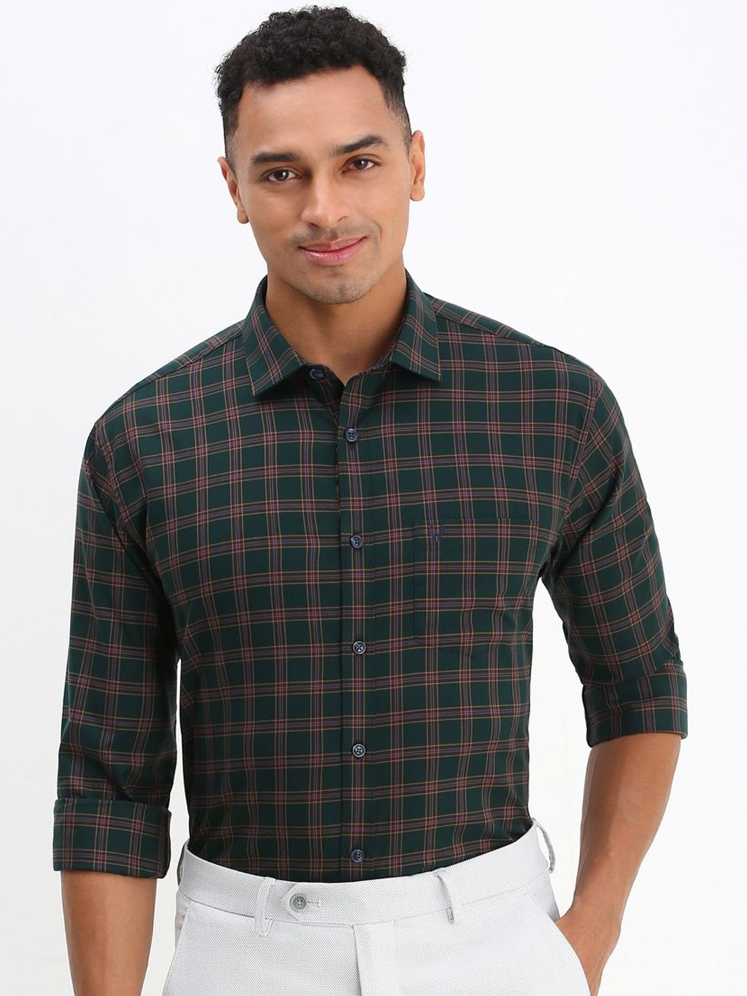 

Allen Solly Men Spread Collar Tartan Checked Cotton Slim Fit Formal Shirt, Green
