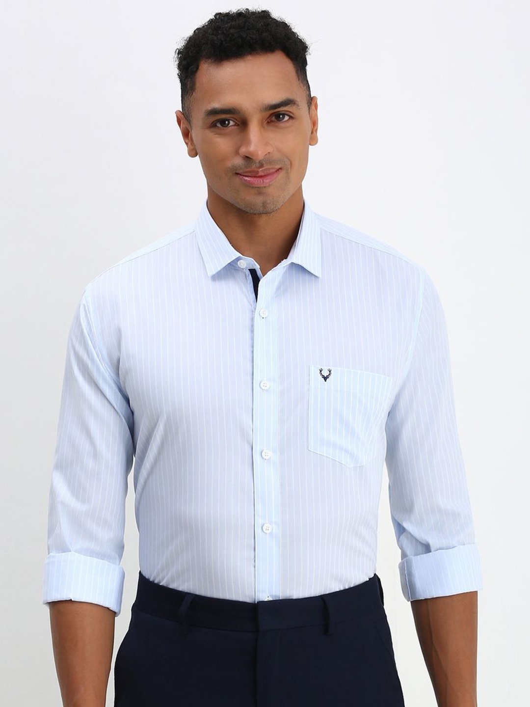 

Allen Solly Men Spread Collar Striped Cotton Slim Fit Formal Shirt, Blue