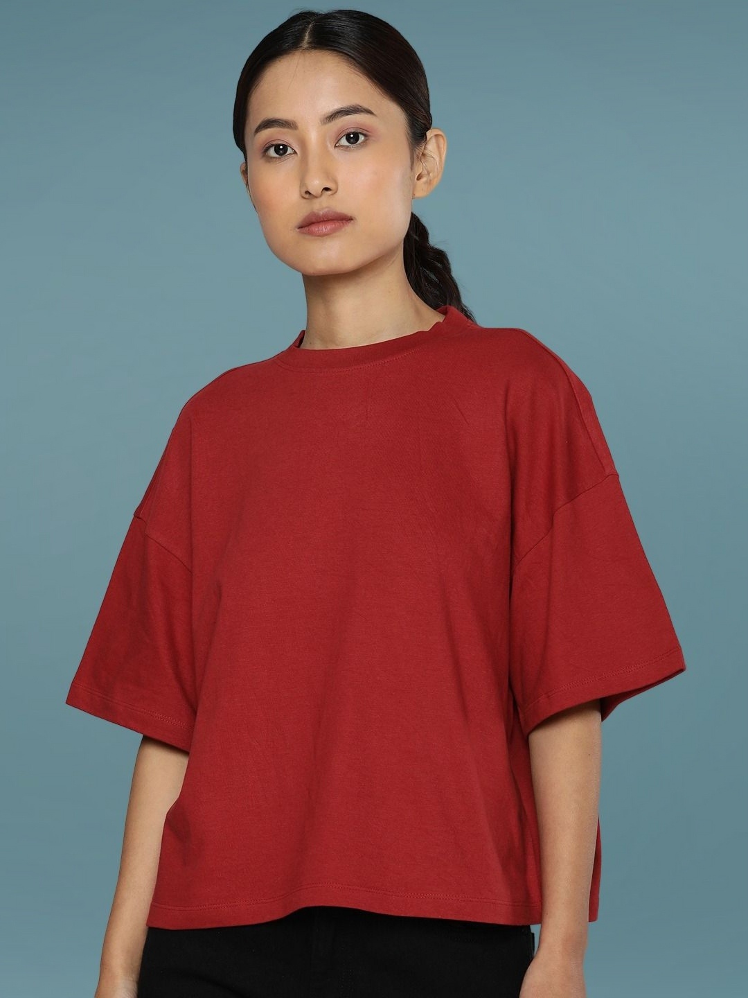 

DressBerry Women Drop-Shoulder Sleeves Boxy T-shirt, Red
