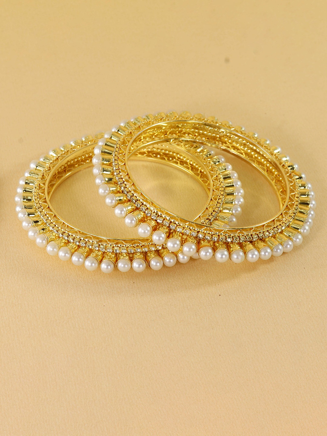 

LAVAZZA Set Of 2 Crystal Stone Studded & Beaded Metal Bangles, Gold