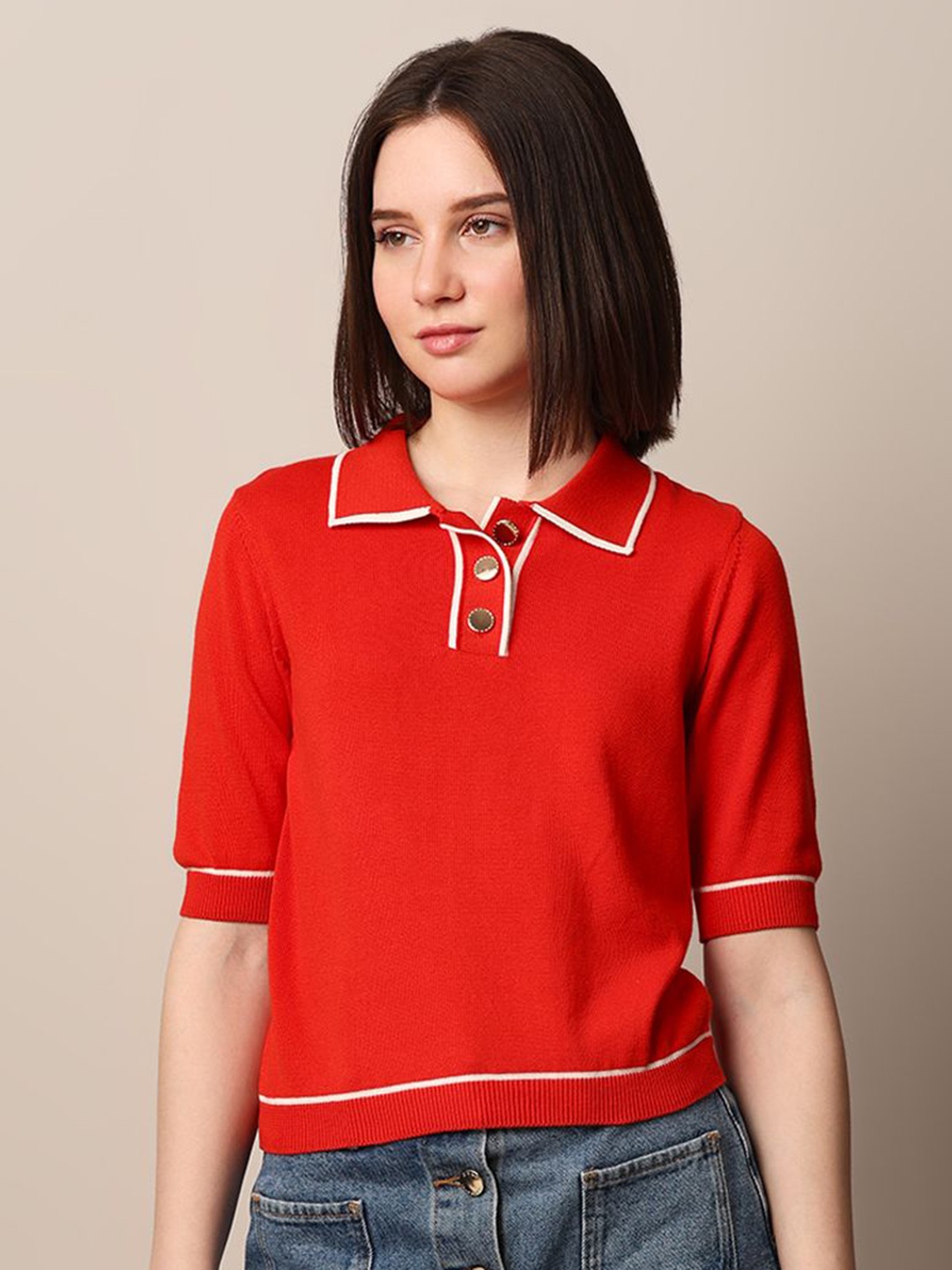 

ONLY Women Solid Polo Collar Cotton T-shirt, Red