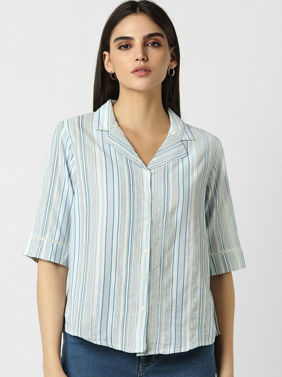 

Van Heusen Woman Women Cuban Collar Striped Cotton Casual Shirt, Blue