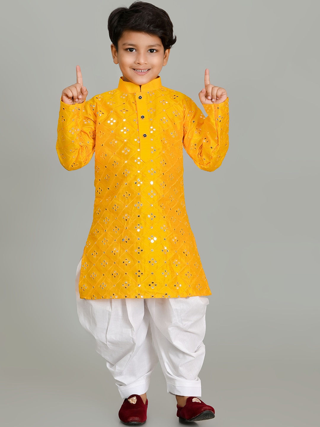 

NFC CREATION Boys Geometric Embroidered Mirror Work Kurta with Patiala, Yellow