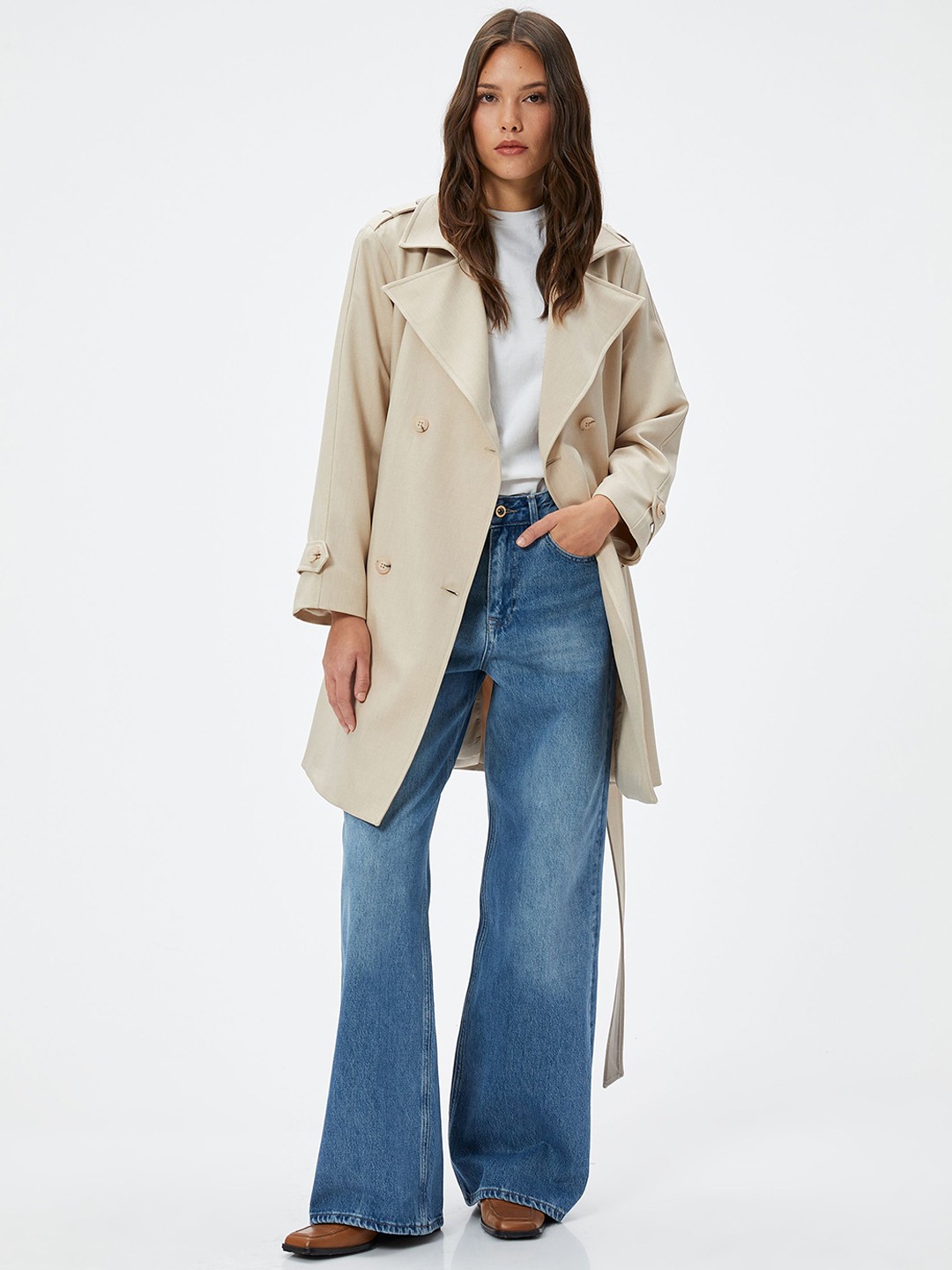 

Koton Women Striped Longline Tailored Jacket, Beige