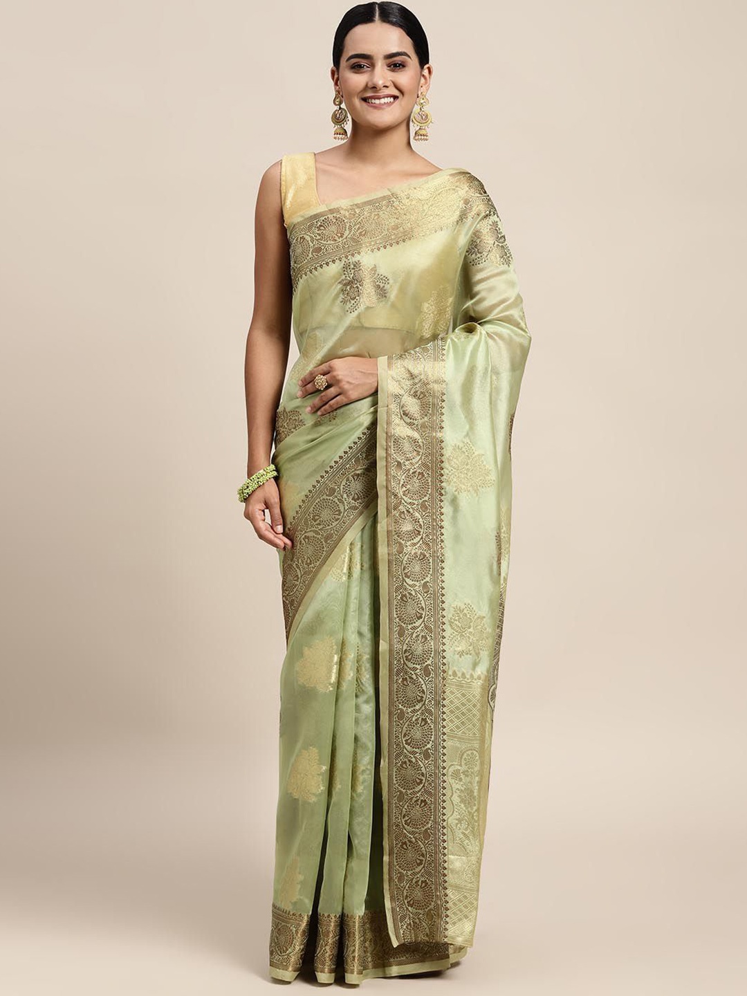 

KIMISHA Woven Design Zari Organza Kanjeevaram Saree, Green