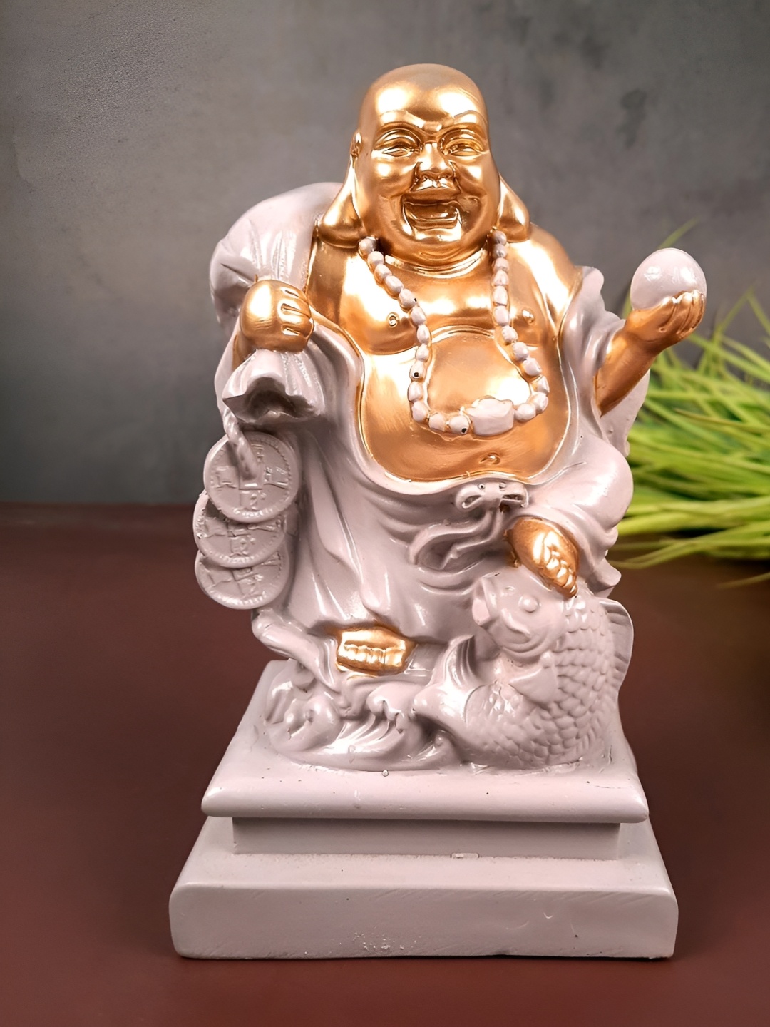 

apka mart Gold-Toned & White Laughing Buddha Figurine Showpiece