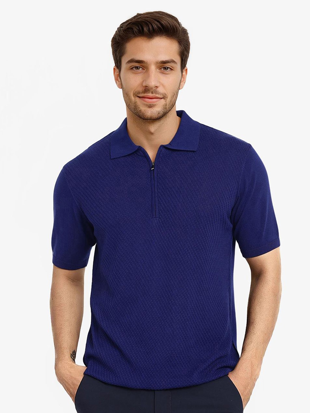 

RARE RABBIT Men Solid Polo Collar Cotton T-shirt, Blue