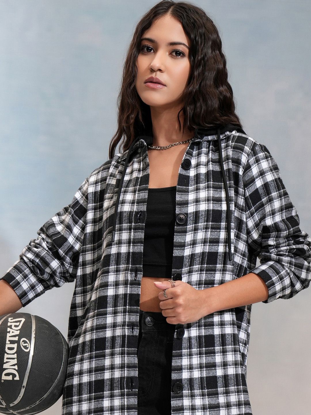 

Tokyo Talkies Women Black & White Printed Hooded Overshirt