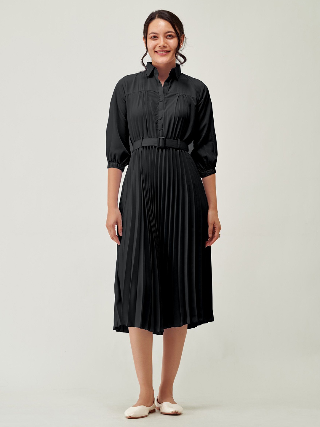 

Femvy Puff Sleeve Accordion Pleats Fit & Flare Dress, Black