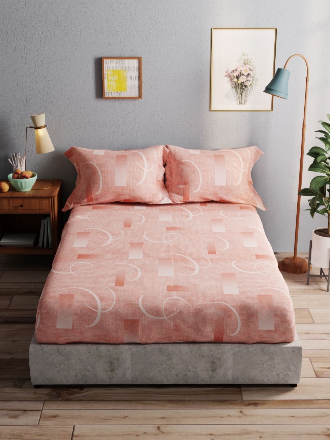 

BIANCA Amolina Peach-Coloured & White Geometric 140 TC Queen Bedsheet with 2 Pillow Covers