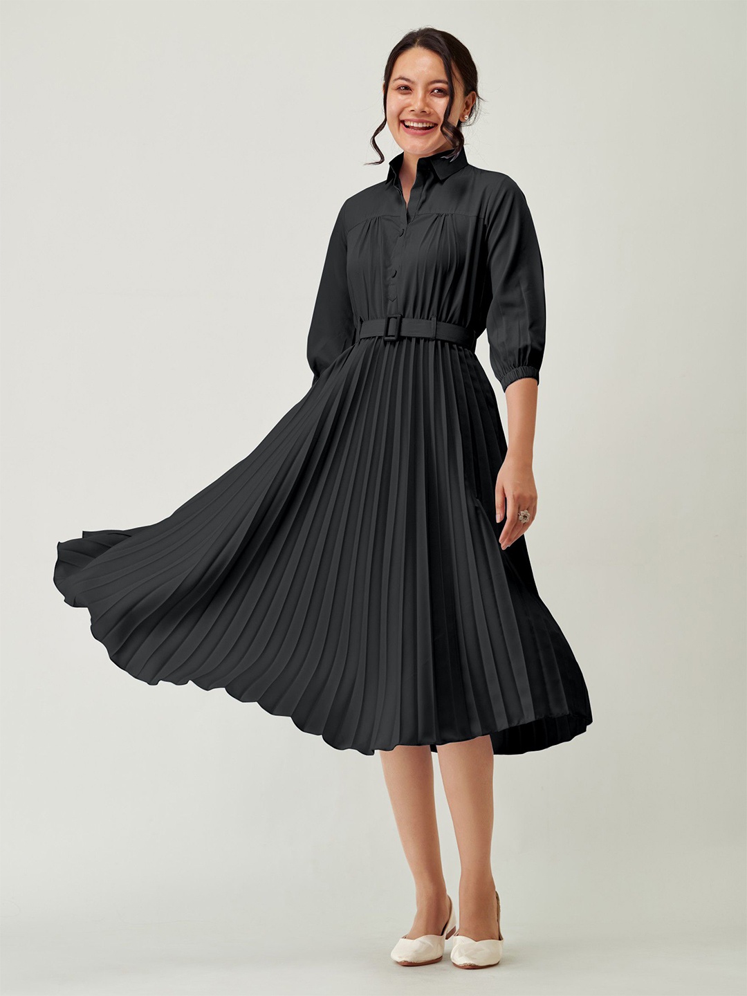 

Femvy Solid Pleated Fit & Flare Dress, Black