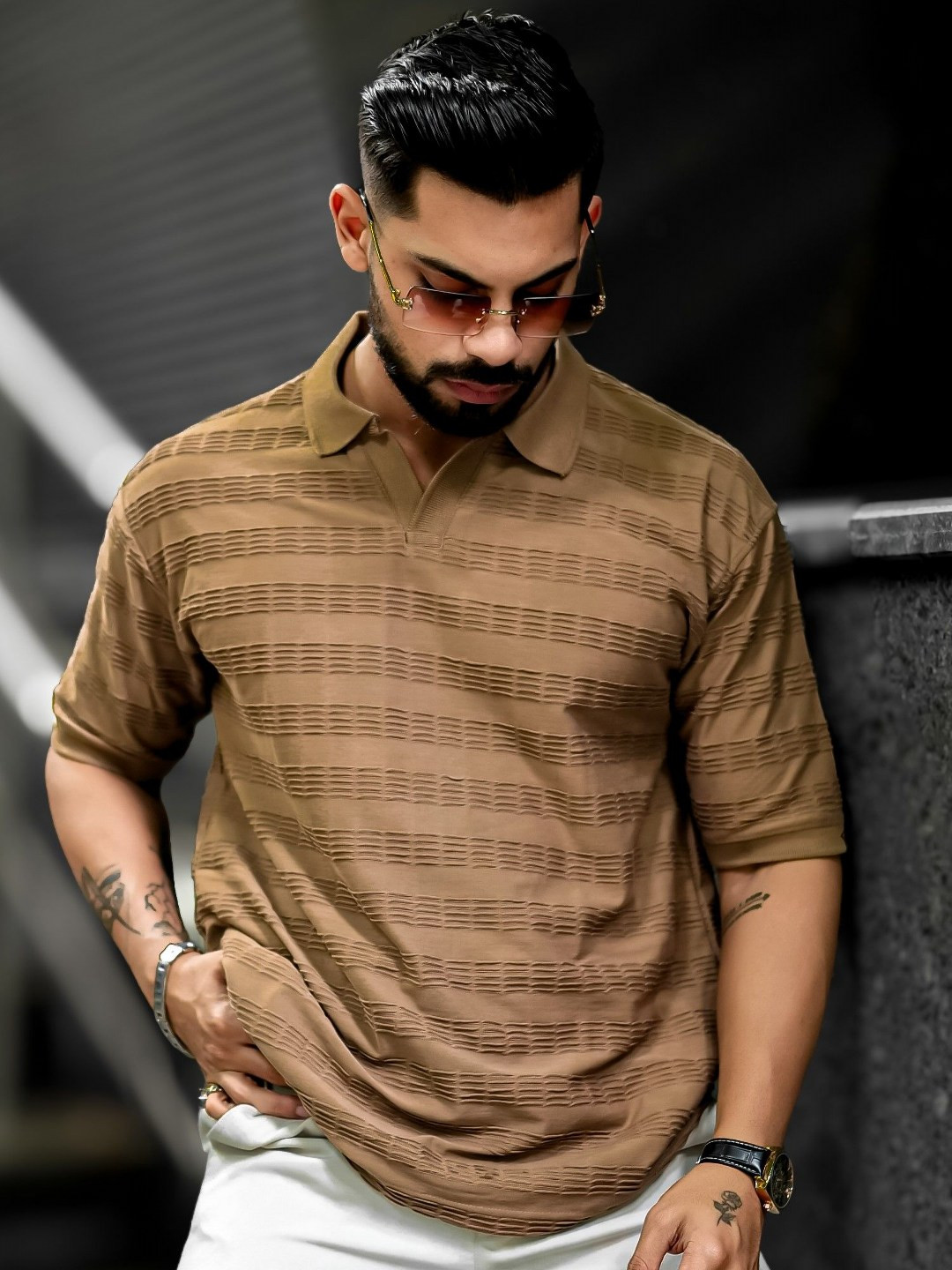 

Maniac Men Self Design Polo Collar Cotton T-shirt, Brown