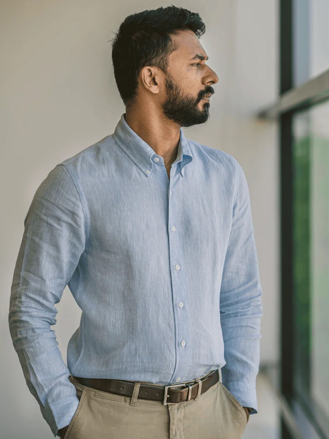 

Monks of Method Men Comfort Button-Down Collar Solid Linen Casual Shirt, Blue