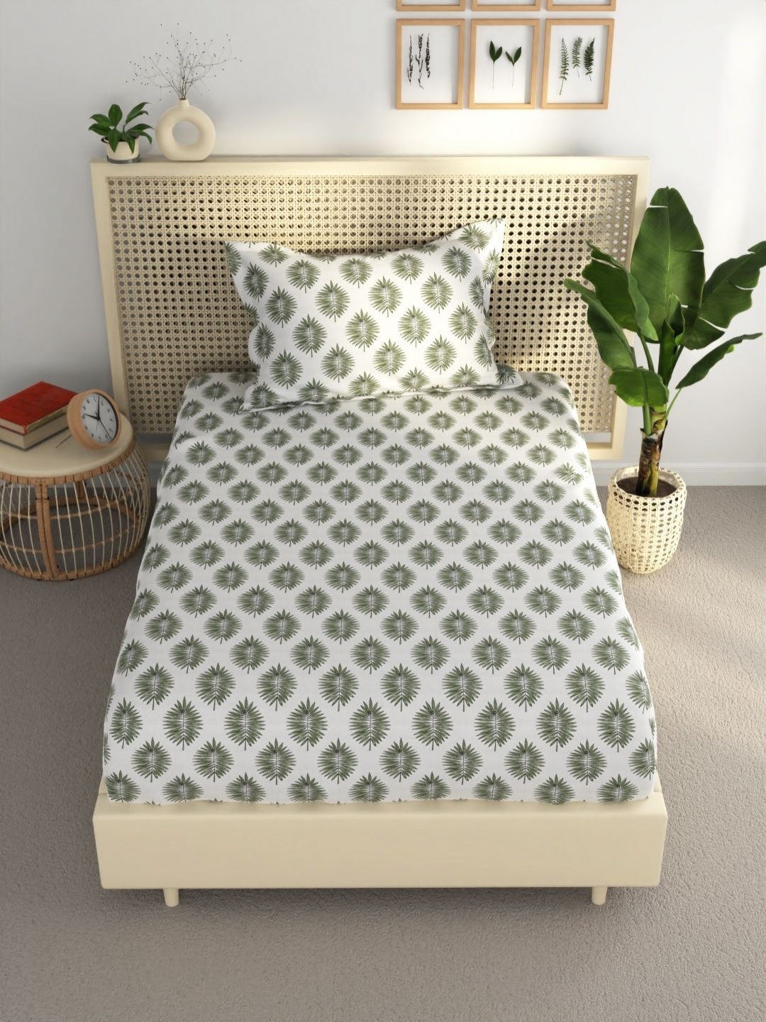 

BIANCA Olive Green & White Printed 120 TC Pure Cotton Single Bedsheet With 1 Pillow Cover