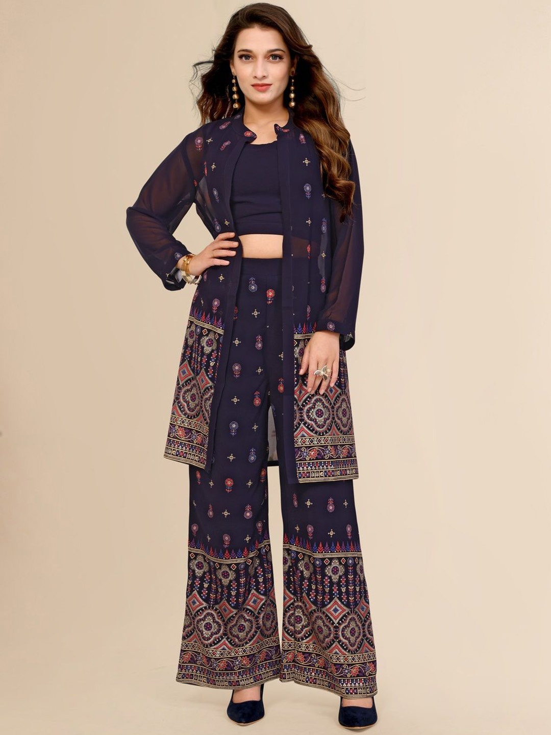 

TITANIUM SILK INDUSTRIES PVT. LTD. Printed Top & Trouser With Shrug Co-Ords, Navy blue