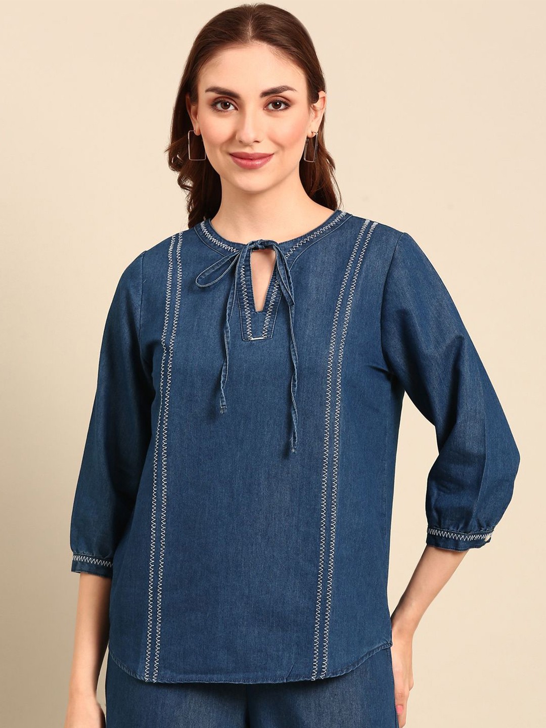 

De Moza Women Solid Tie-Up Neck Cotton Top, Navy blue