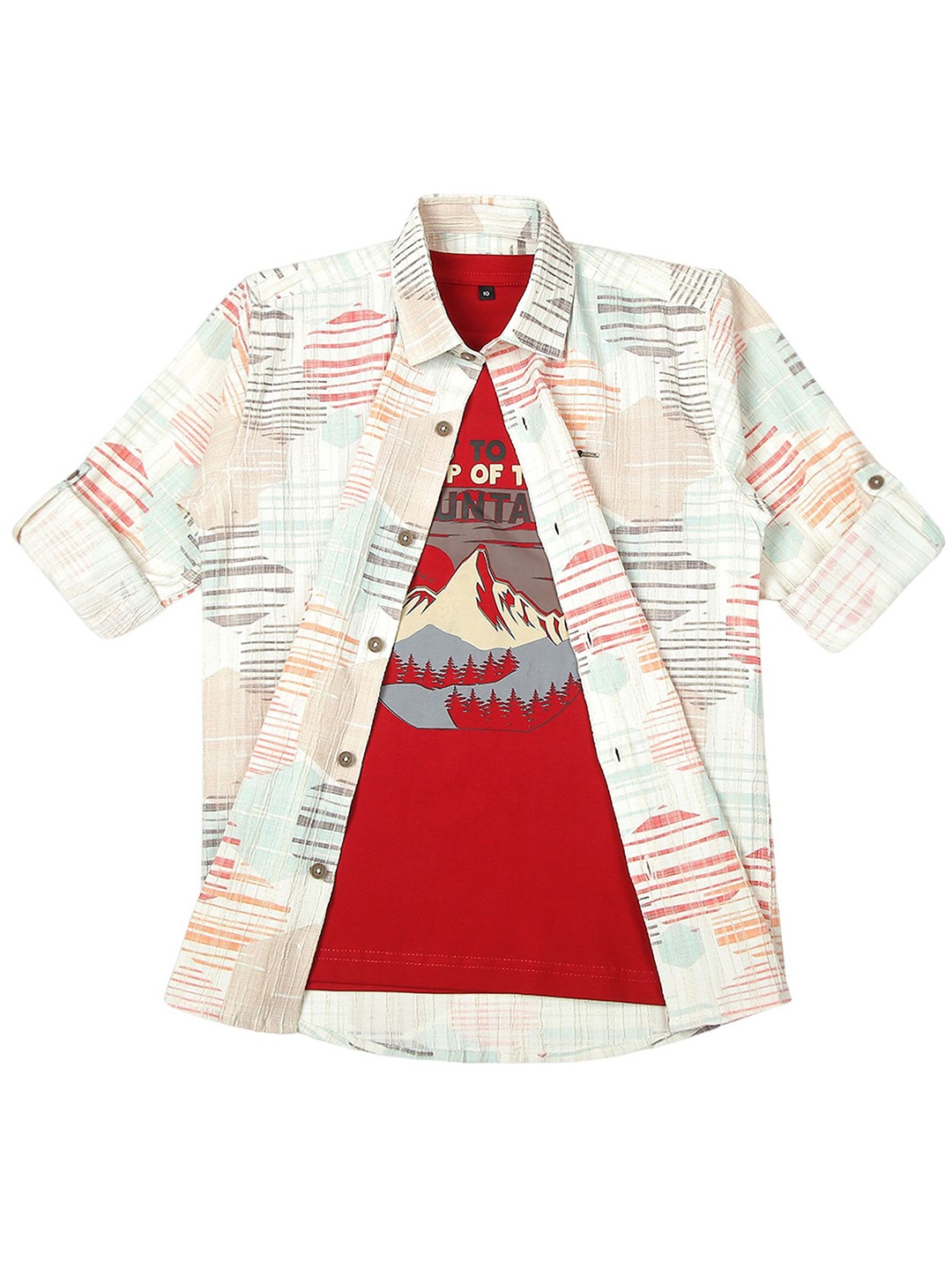 

CAVIO Boys Spread Collar Abstract Printed Cotton Casual Shirts & T-Shirt, Red