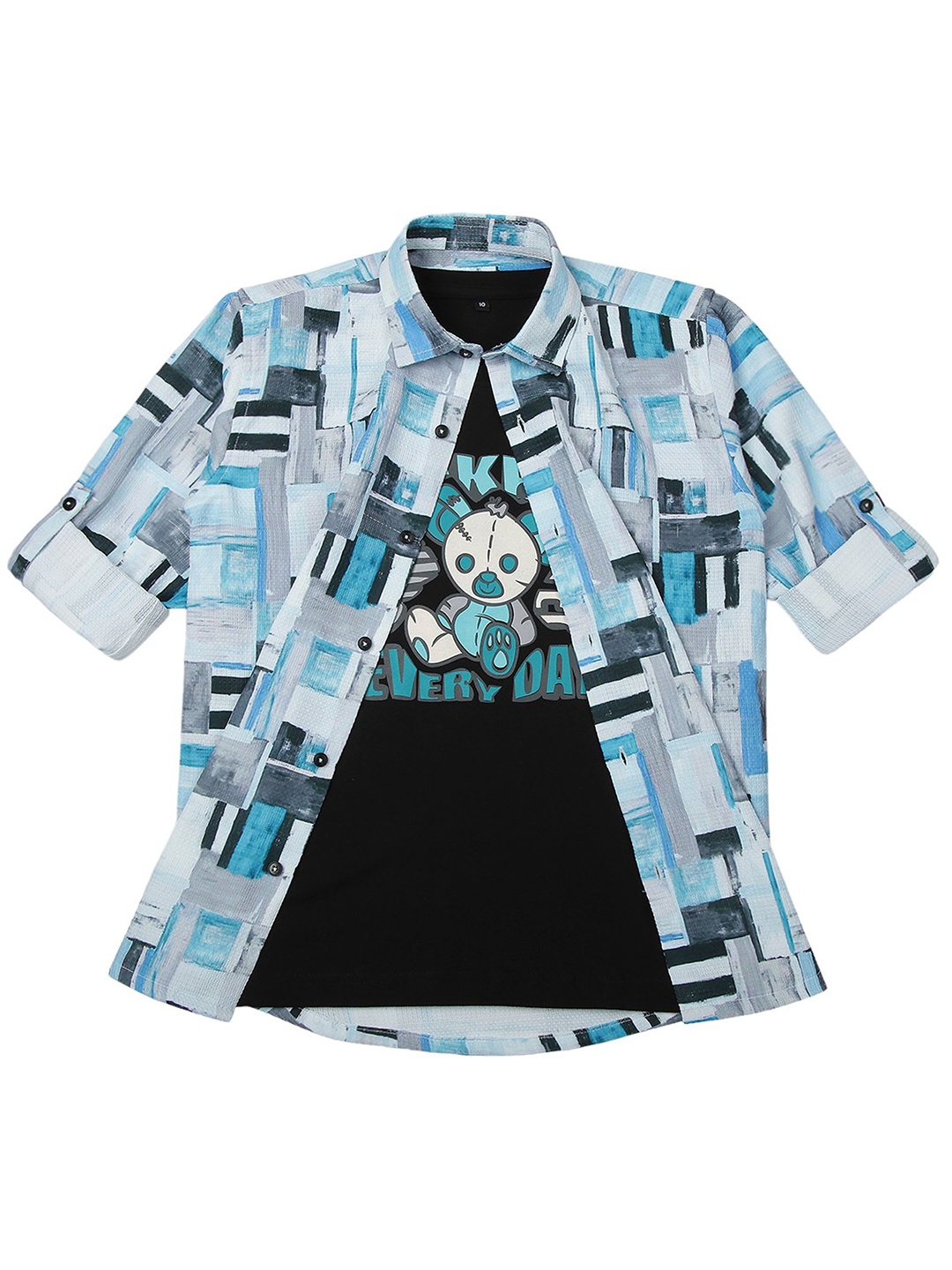 

CAVIO Boys Spread Collar Abstract Printed Cotton Casual Shirts & T-Shirt, Sea green