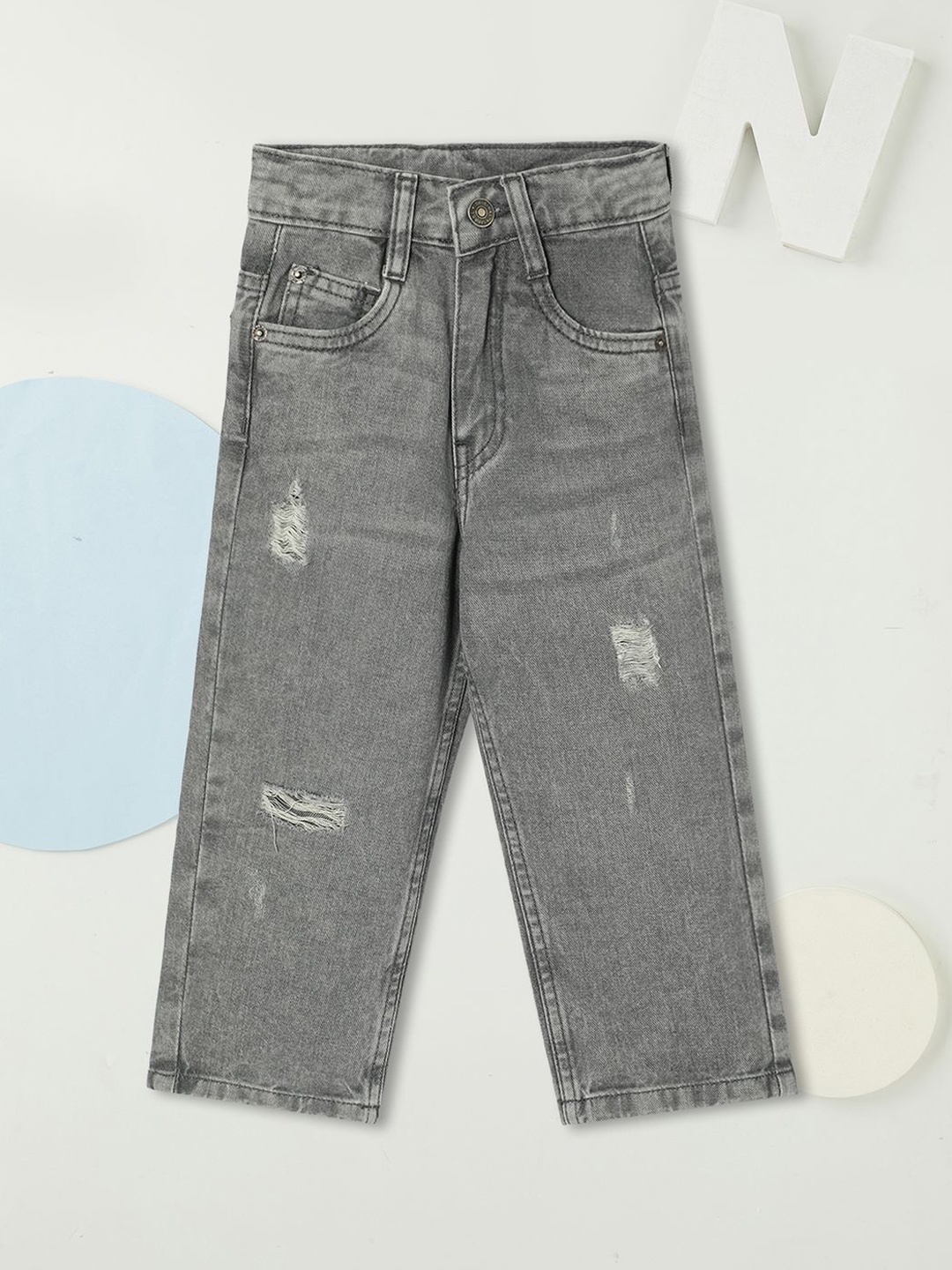 

max Boys Mid-Rise Mildly Distressed Pure Cotton Light Fade Jeans, Grey