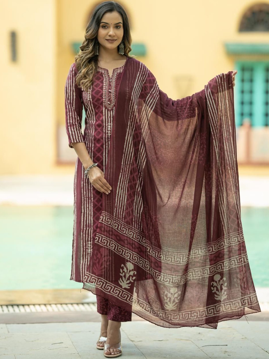 

KALINI Printed Regular Pure Cotton Kurta with Trousers With Dupatta, Maroon