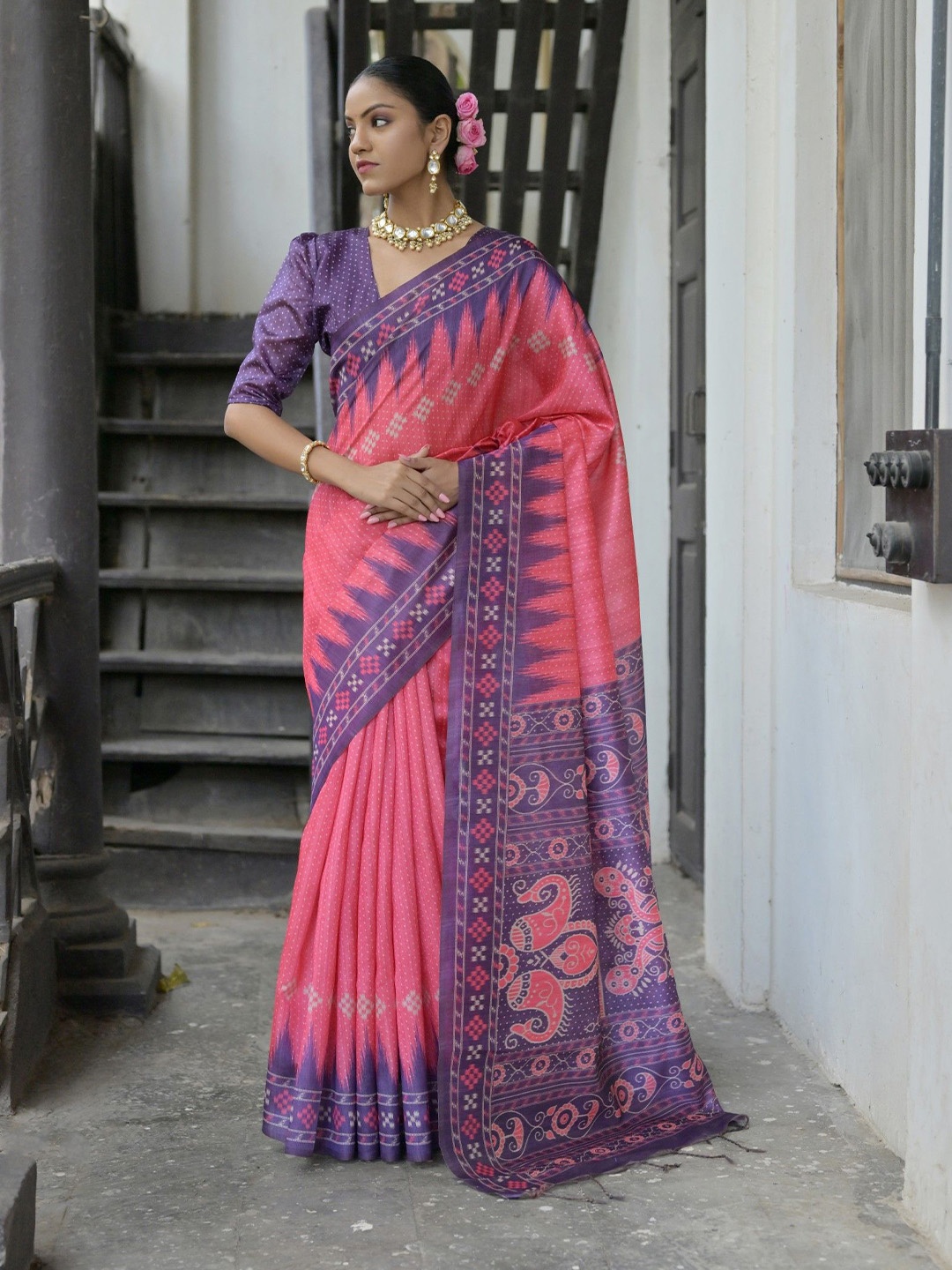 

LeeliPeeri Designer Floral Silk Blend Tussar Saree, Peach