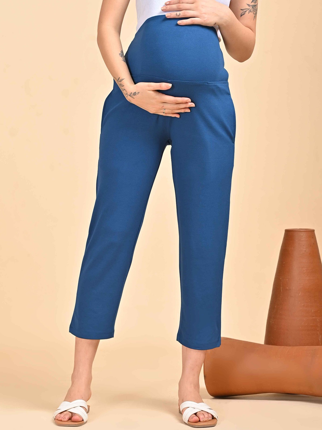 

GOLDSTROMS Women Straight Fit High-Rise Maternity Trousers, Blue