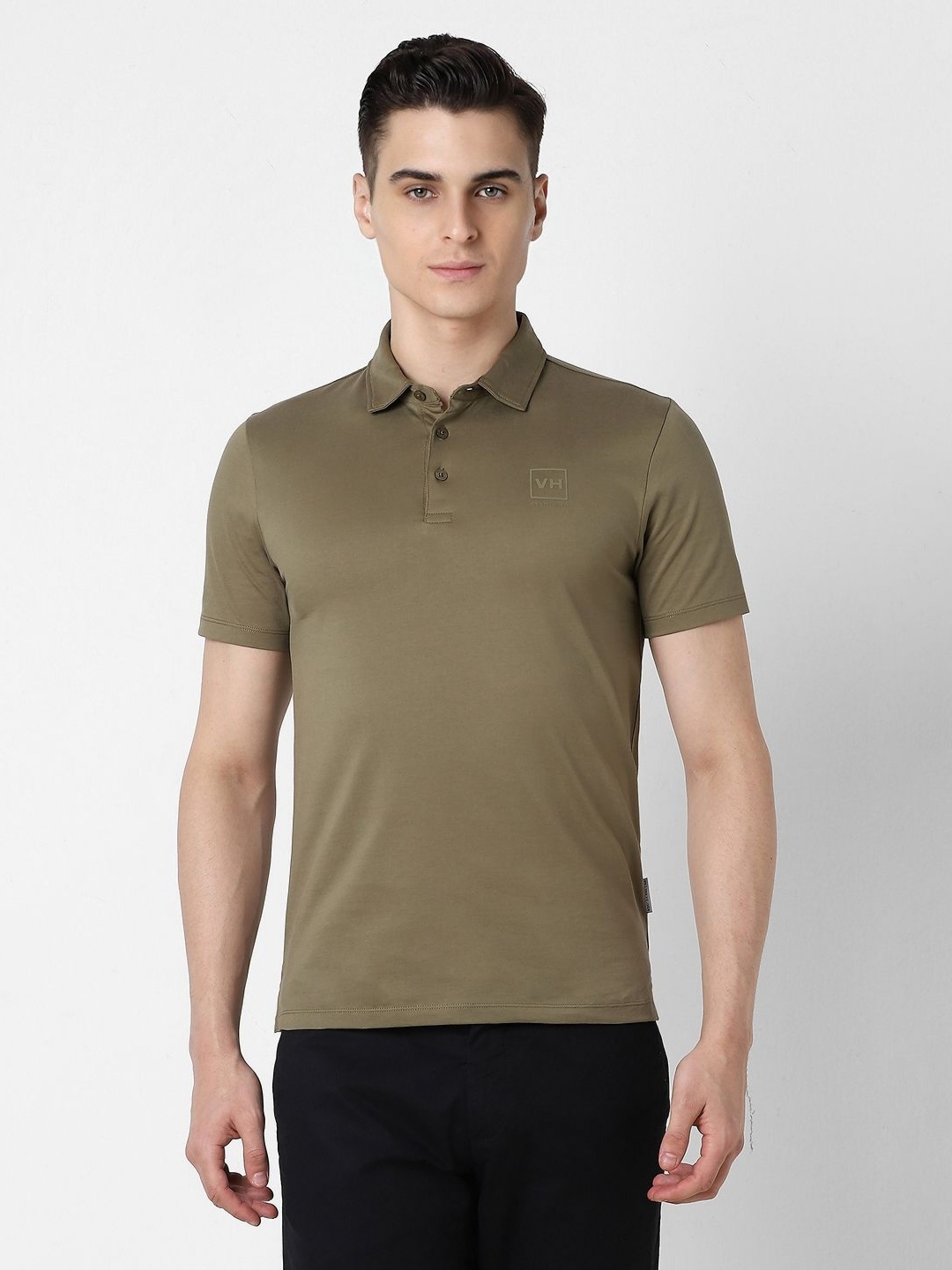 

V Dot Men Solid Polo Collar Cotton Slim Fit T-shirt, Olive